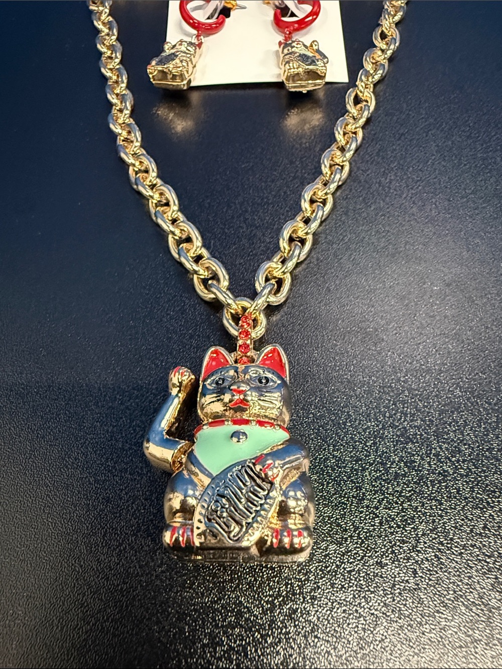 Betsey Johnson Gold-tone Lucky Cat Necklace & Earring Set in Red and Teal - Picture 2 of 3
